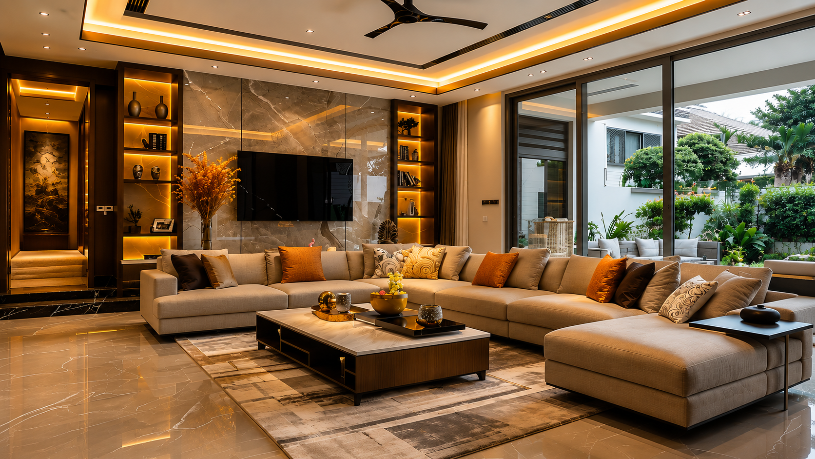 Luxury modular kitchen with marble island and warm wood cabinetry